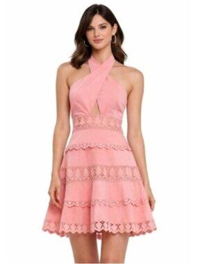 NWT Endless Rose Peach Halter Neck Lace Trim Mini Dress
